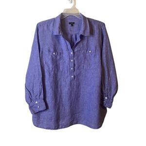 Talbots Womens Blue Linen Pullover Half Button Up Long Sleeve Shirt Size 2X